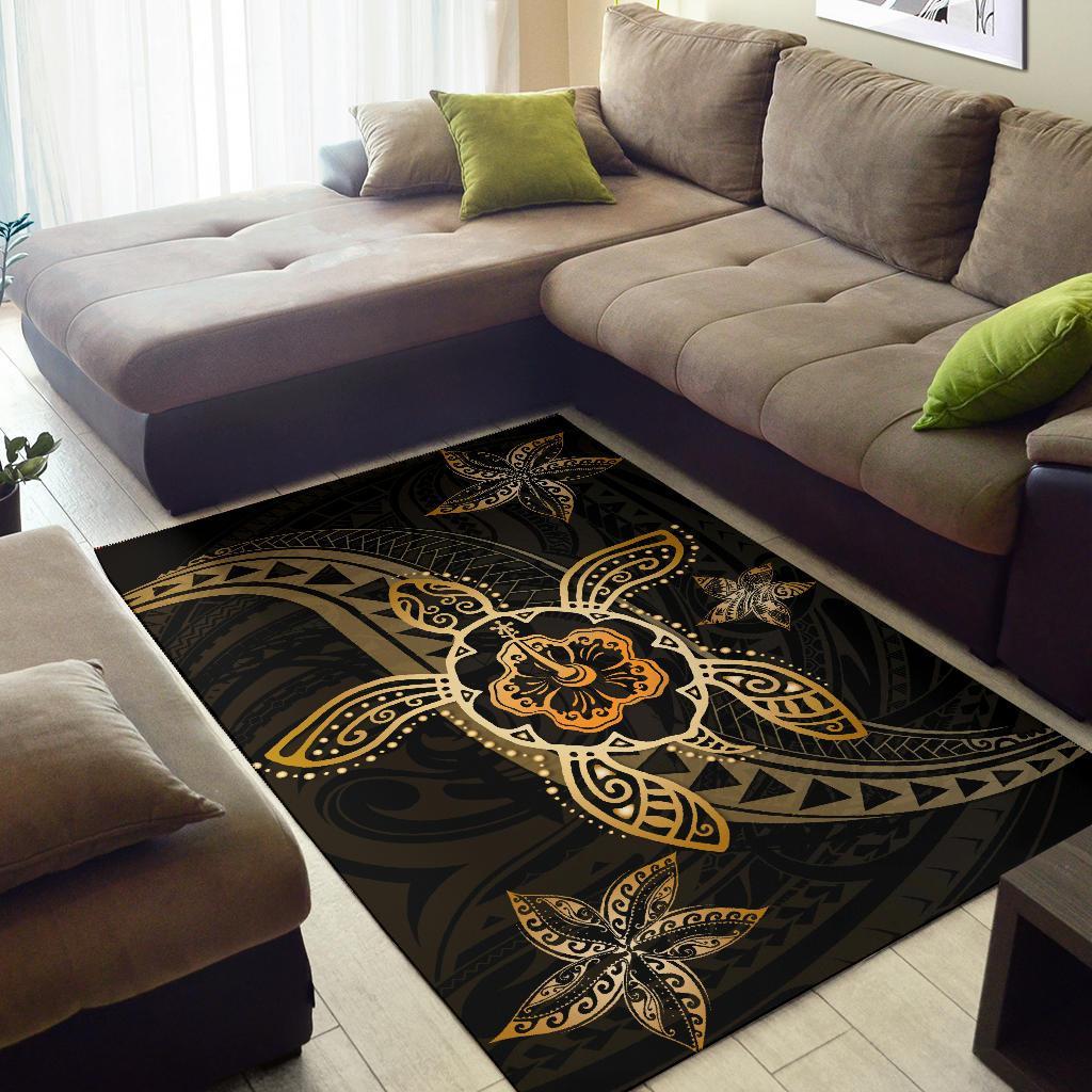 Kanaka Map Hibiscus Plumeria Turtle Art Polynesian Area Rug Gold AH - Polynesian Pride