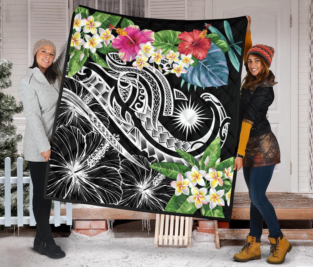Marshall Islands Polynesian Premium Quilt - Summer Plumeria (Black) - Polynesian Pride