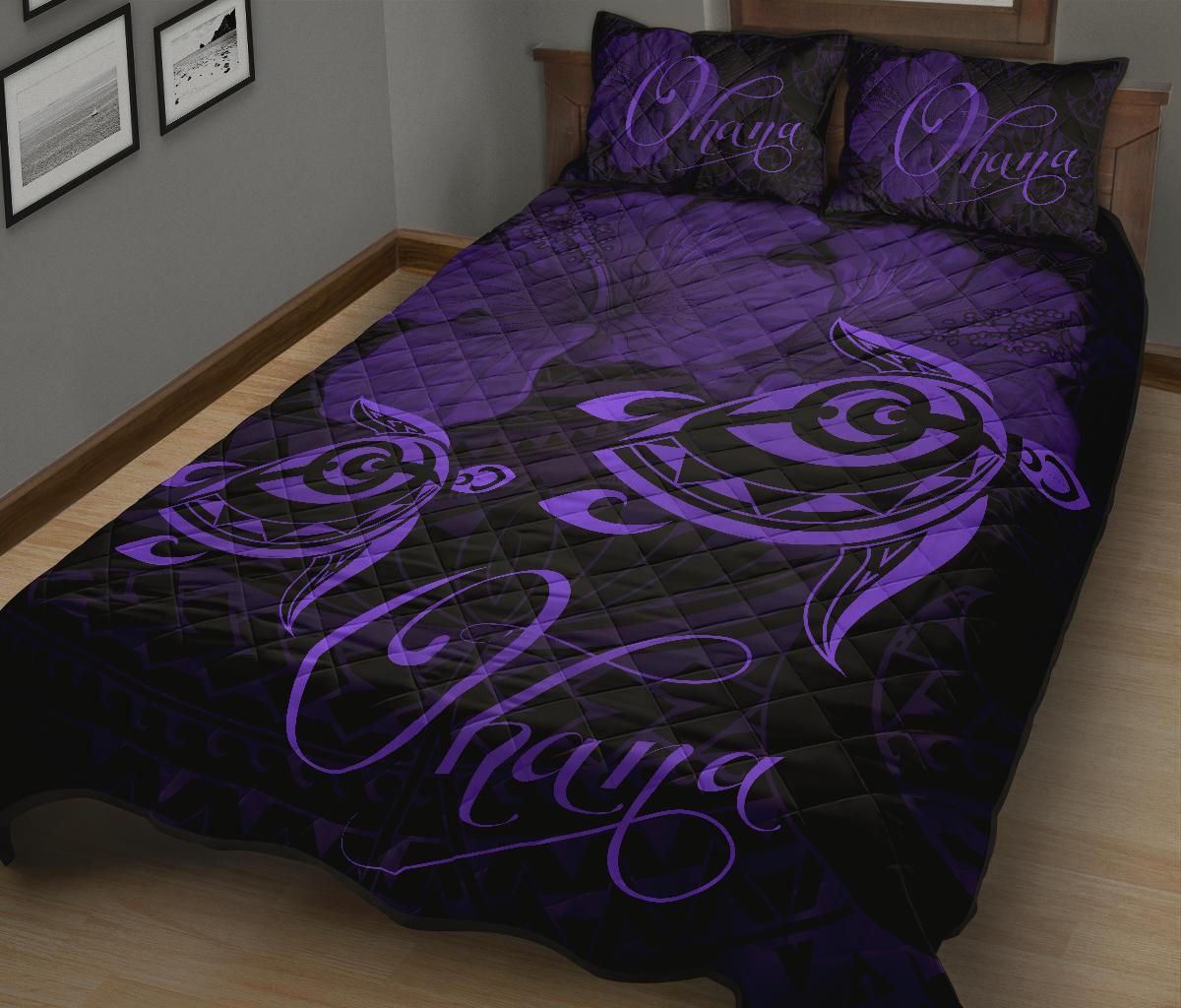 Hawaii Turtle Ohana Hibiscus Poly Quilt Bed Set Purple - Polynesian Pride