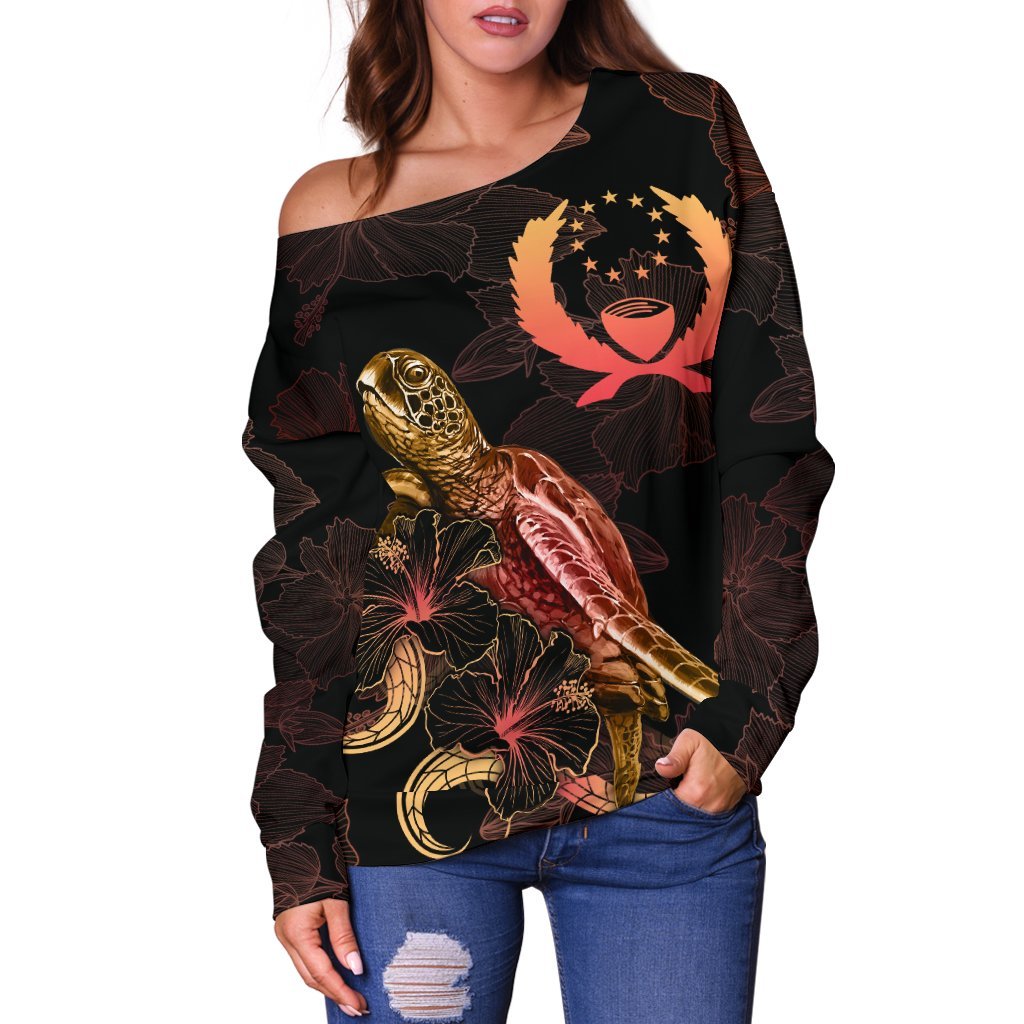 Pohnpei Polynesian Women's Off Shoulder Sweater - Turtle With Blooming Hibiscus Gold - Polynesian Pride