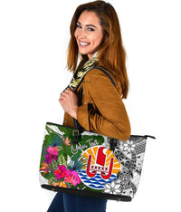 Tahiti Custom Personalised Large Leather Tote White - Turtle Plumeria Banana Leaf - Polynesian Pride