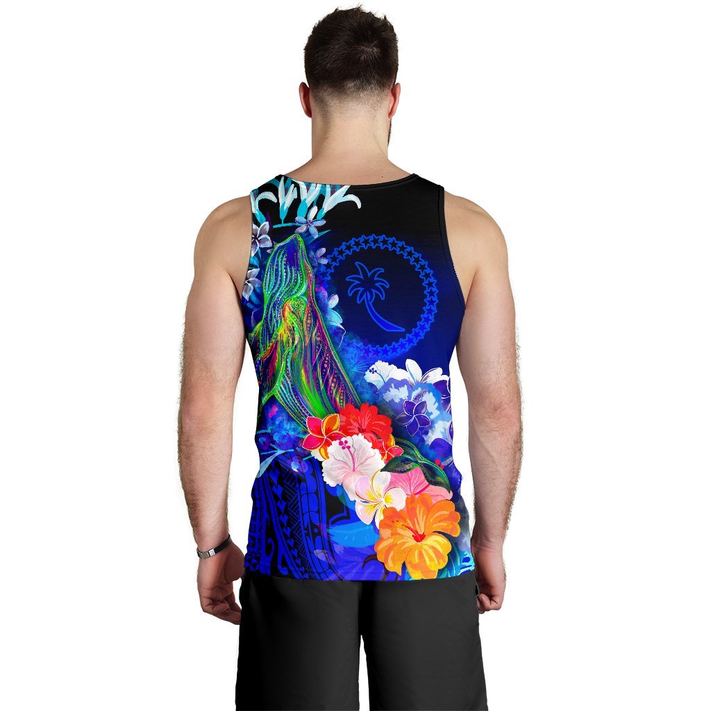 Chuuk Men's Tank Top - Humpback Whale with Tropical Flowers (Blue) - Polynesian Pride