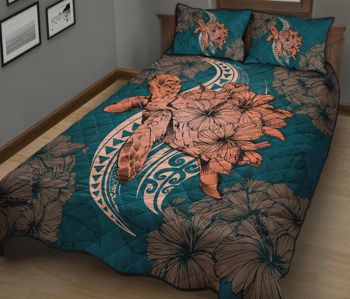 Hawaii Polynesian Turtle Hibiscus Quilt Bed Set - Orange - Polynesian Pride