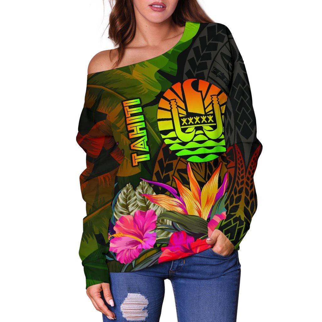 Tahiti Polynesian Women's Off Shoulder Sweater - Hibiscus and Banana Leaves - Polynesian Pride