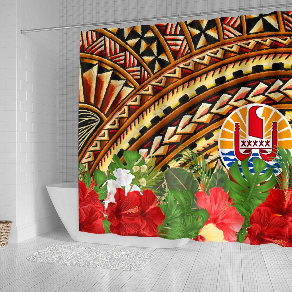 Tahiti Shower Curtain - Vintage Pattern With Hibiscus Flower - Polynesian Pride