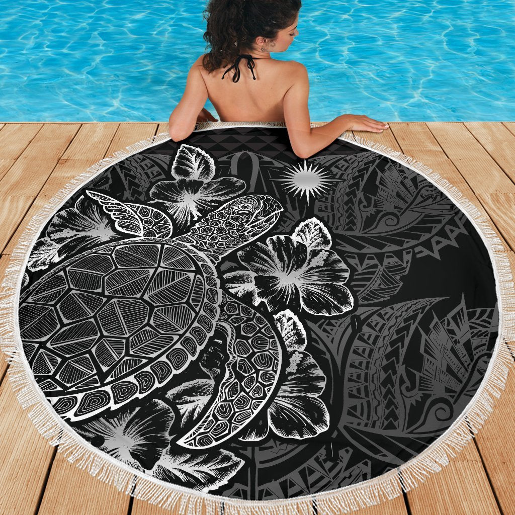Marshall Islands Polynesia Beach Blanket Turtle Hibiscus Black - Polynesian Pride