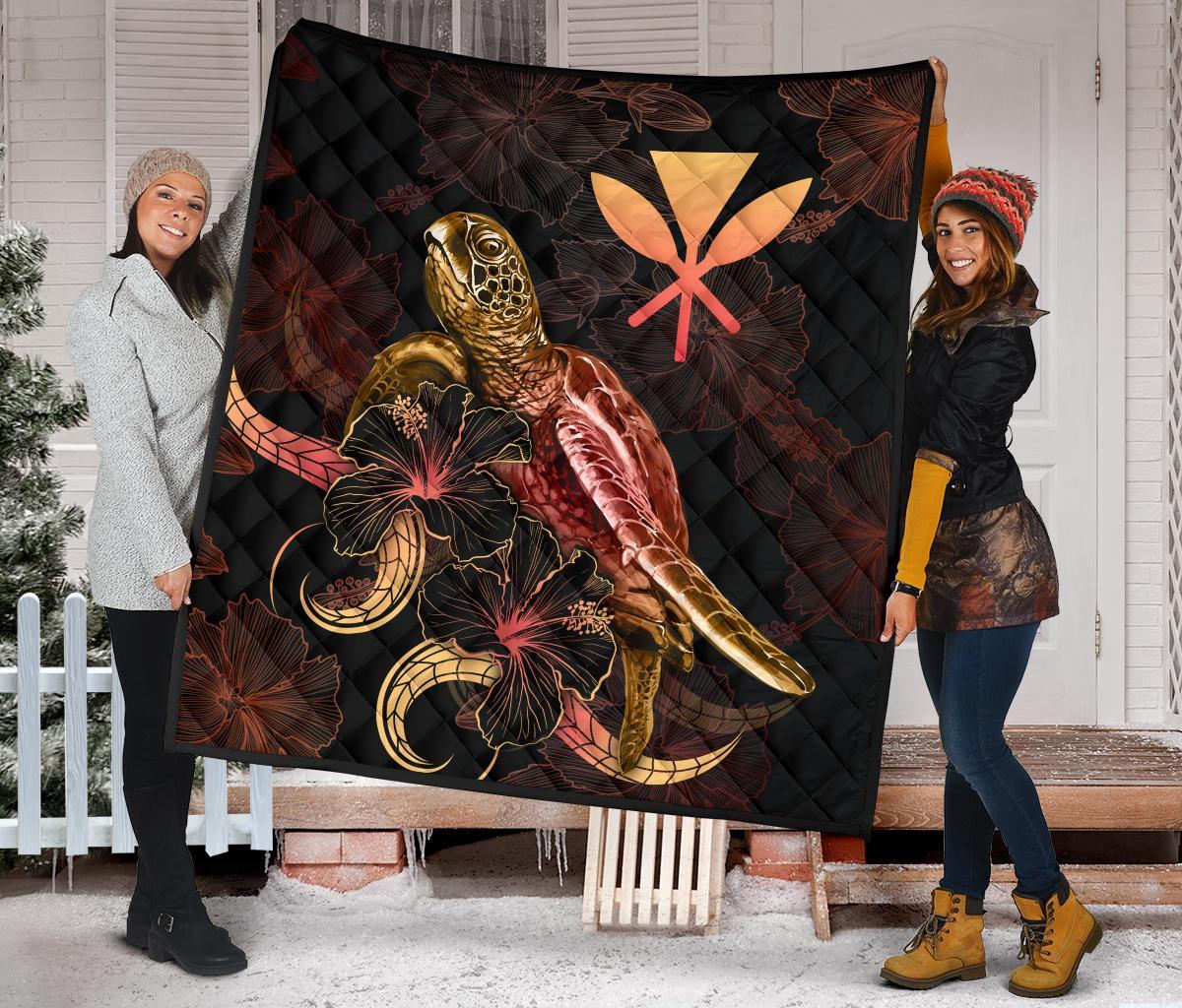 Hawaii Polynesian Premium Quilt - Turtle With Blooming Hibiscus Gold - Polynesian Pride