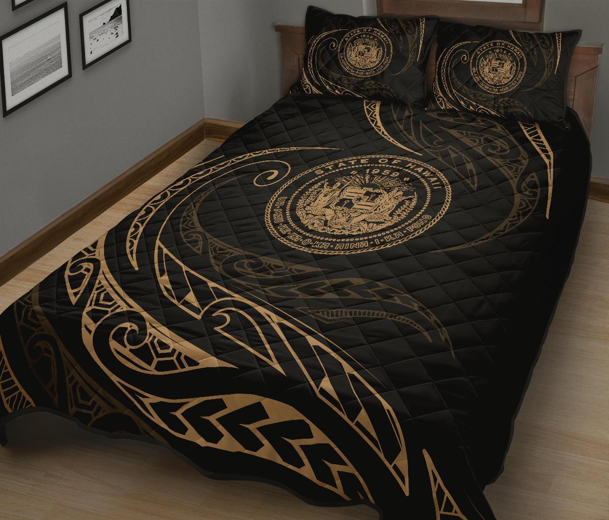 Hawaii Coat Of Arms Quilt Bed Set - Gold - Frida Style - Polynesian Pride