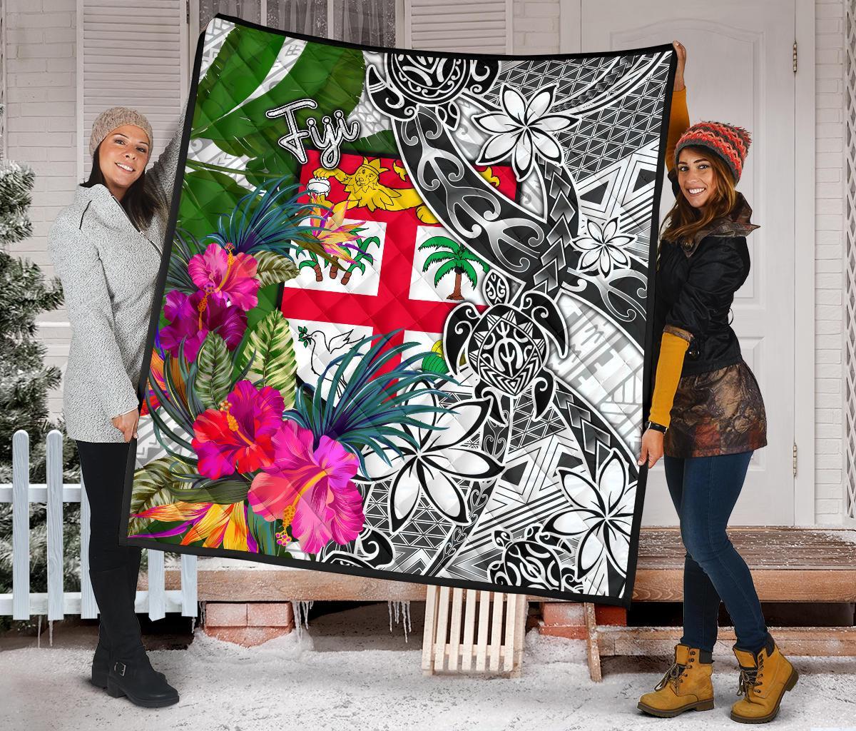 Fiji Premium Quilt White - Turtle Plumeria Banana Leaf - Polynesian Pride