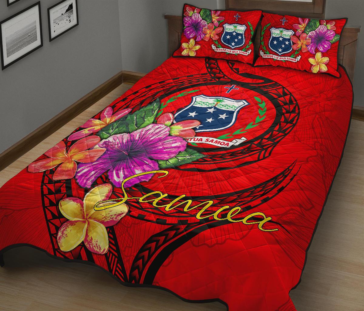 Samoa Polynesian Quilt Bed Set - Floral With Seal Red - Polynesian Pride