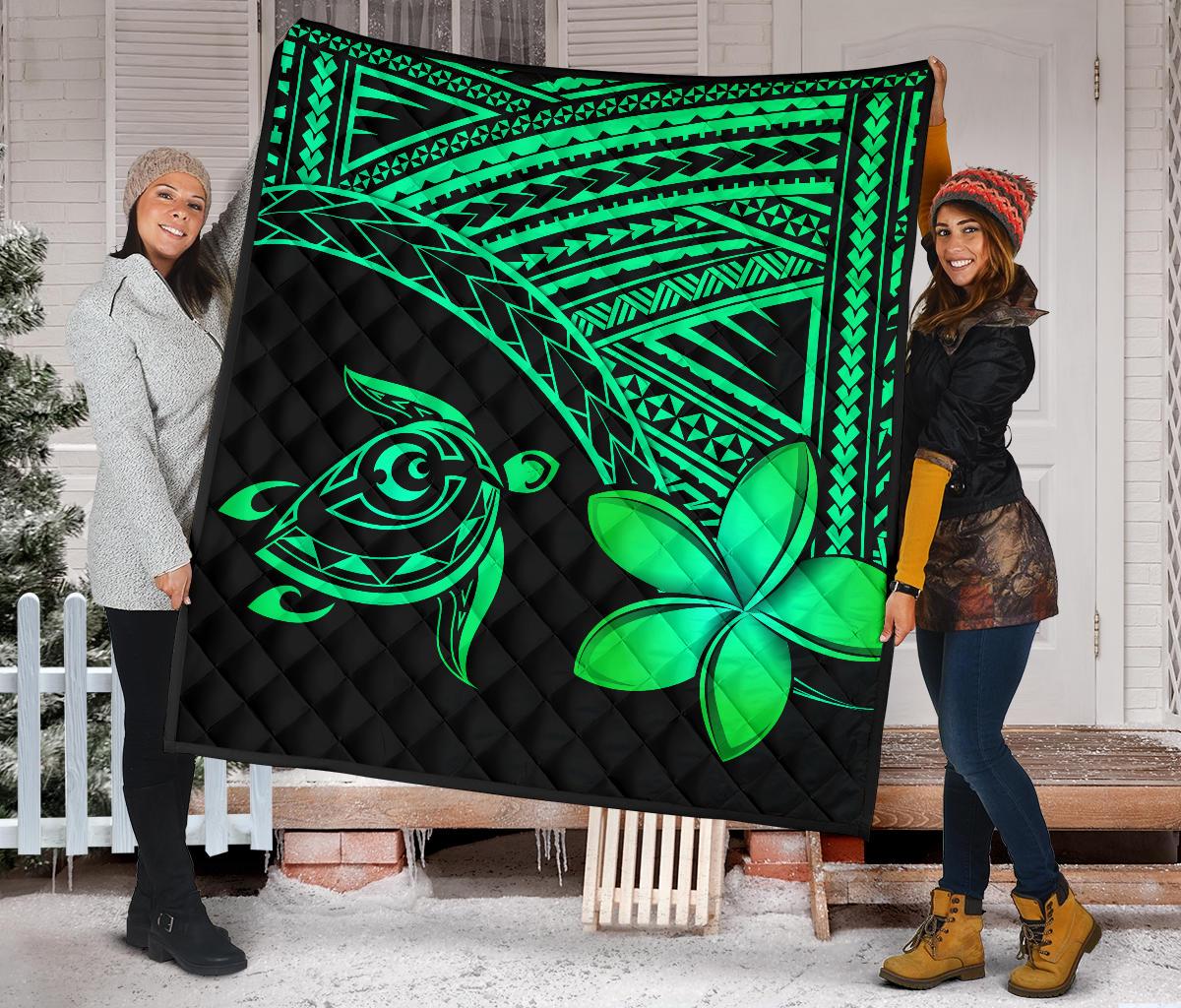 Hawaii Quilt - Hawaii Turtle Plumeria Quilt Green - Polynesian Pride