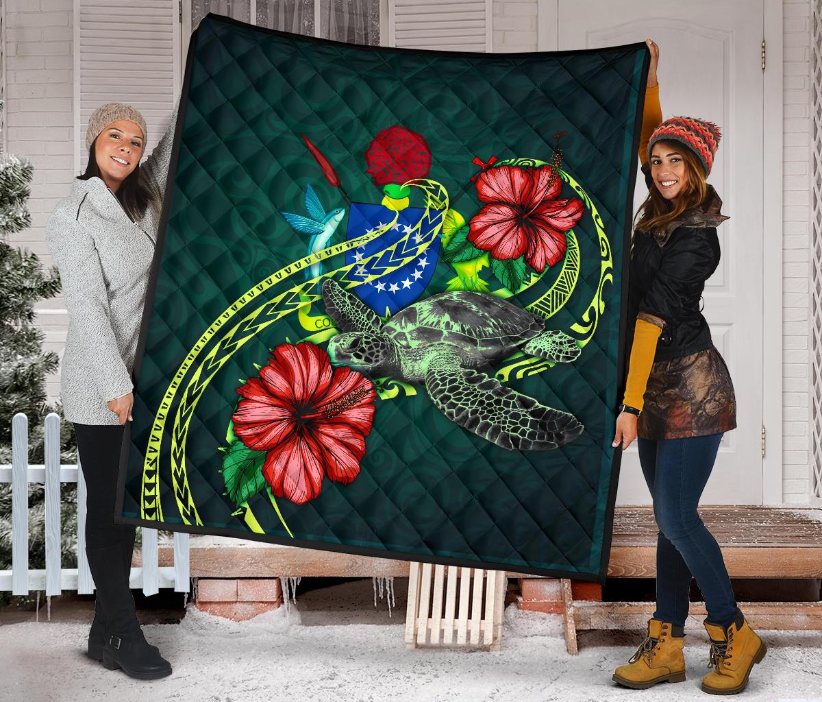 Cook Islands Polynesian Premium Quilt - Green Turtle Hibiscus - Polynesian Pride