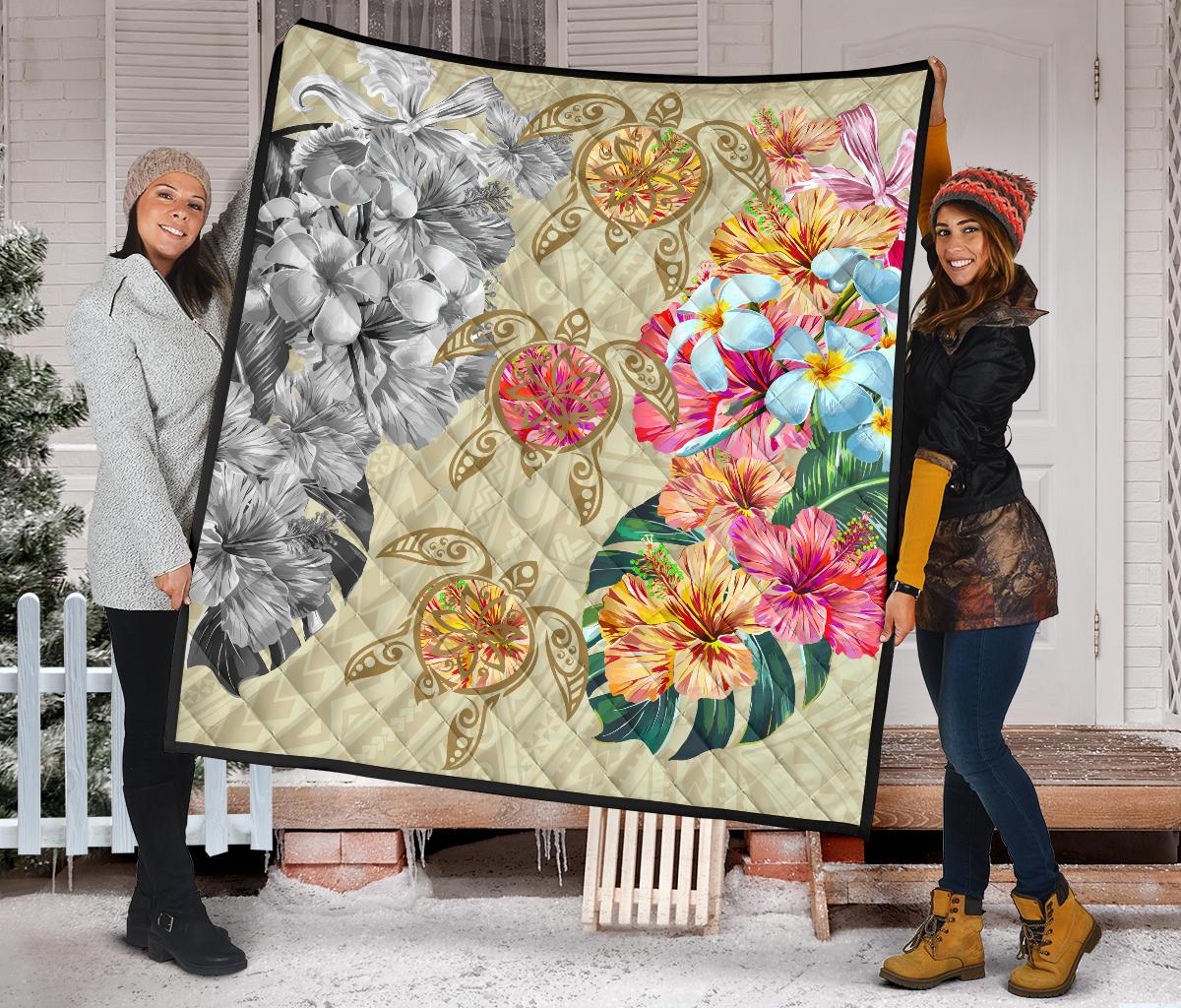 Hawaii Polynesian Flowers Swimming Turtles Premium Quilt - Polynesian Pride