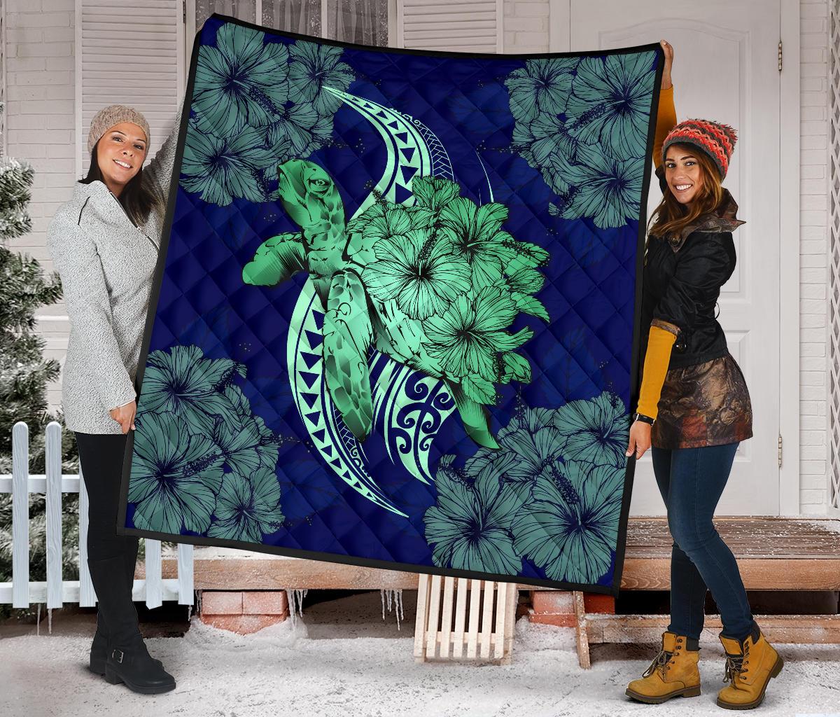Hawaii Polynesian Turtle Hibiscus Premium Quilt - Green - Polynesian Pride