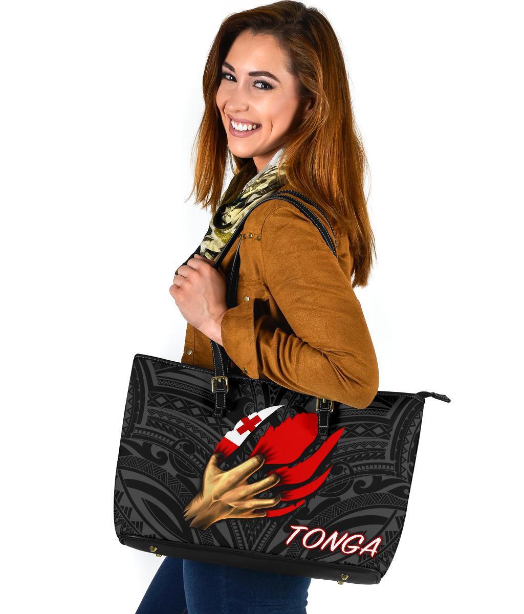 Tonga Leather Tote Bag - Tongan Is Myself (Black) - Polynesian Pride