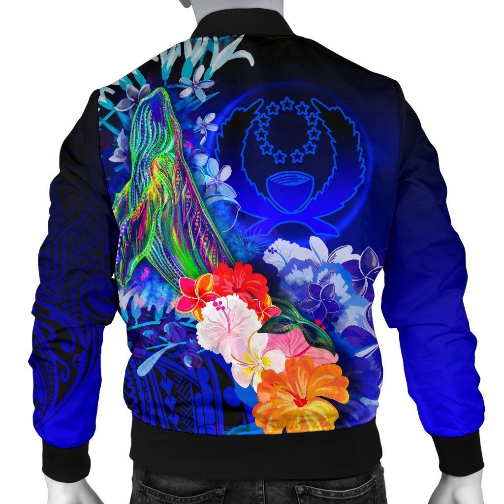 Pohnpei Men's Bomber Jacket - Humpback Whale with Tropical Flowers (Blue) - Polynesian Pride