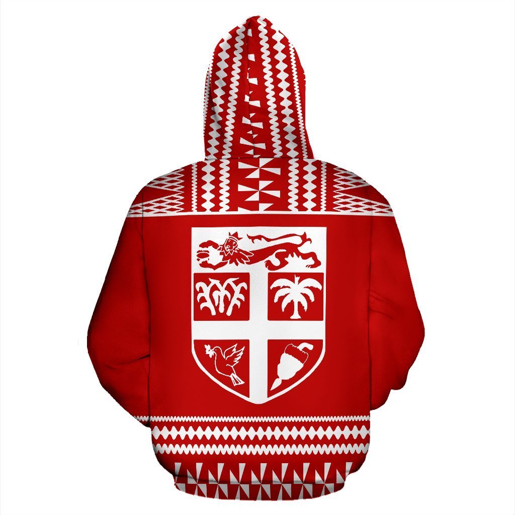 Fiji Tapa All Over Zip up Hoodie Red and White Version - Polynesian Pride