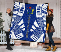Cook Islands Premium Quilt - Cook Islands Polynesian White Tattoo (Blue) - Polynesian Pride