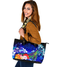 Custom Personalised Samoa Large Leather Tote Bag - Humpback Whale with Tropical Flowers (Blue) - Polynesian Pride