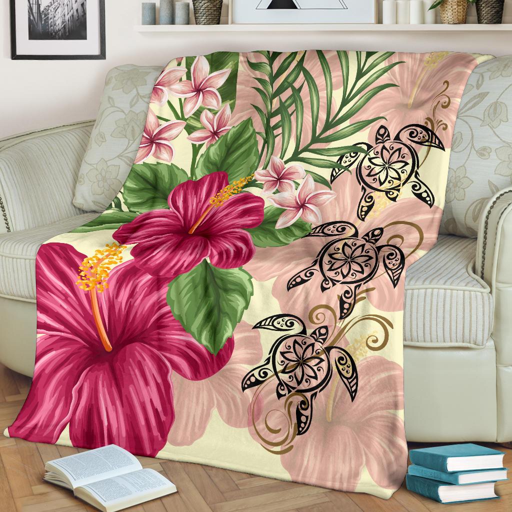 Hawaii Turtle Hibiscus Plumeria Beige Style - Premium Blanket AH - Polynesian Pride