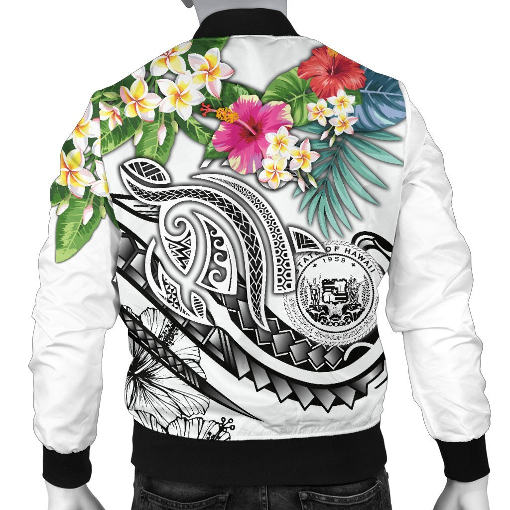 Polynesian Hawaii Men's Bomber Jacket - Summer Plumeria (White) - Polynesian Pride