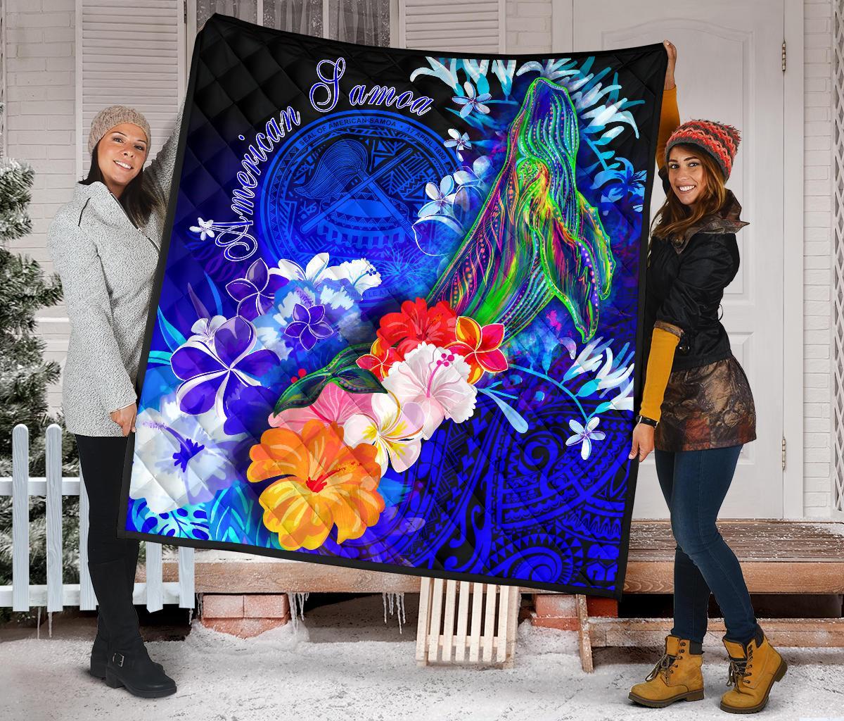 American Samoa Polynesian Premium Quilt - Humpback Whale with Tropical Flowers (Blue) - Polynesian Pride