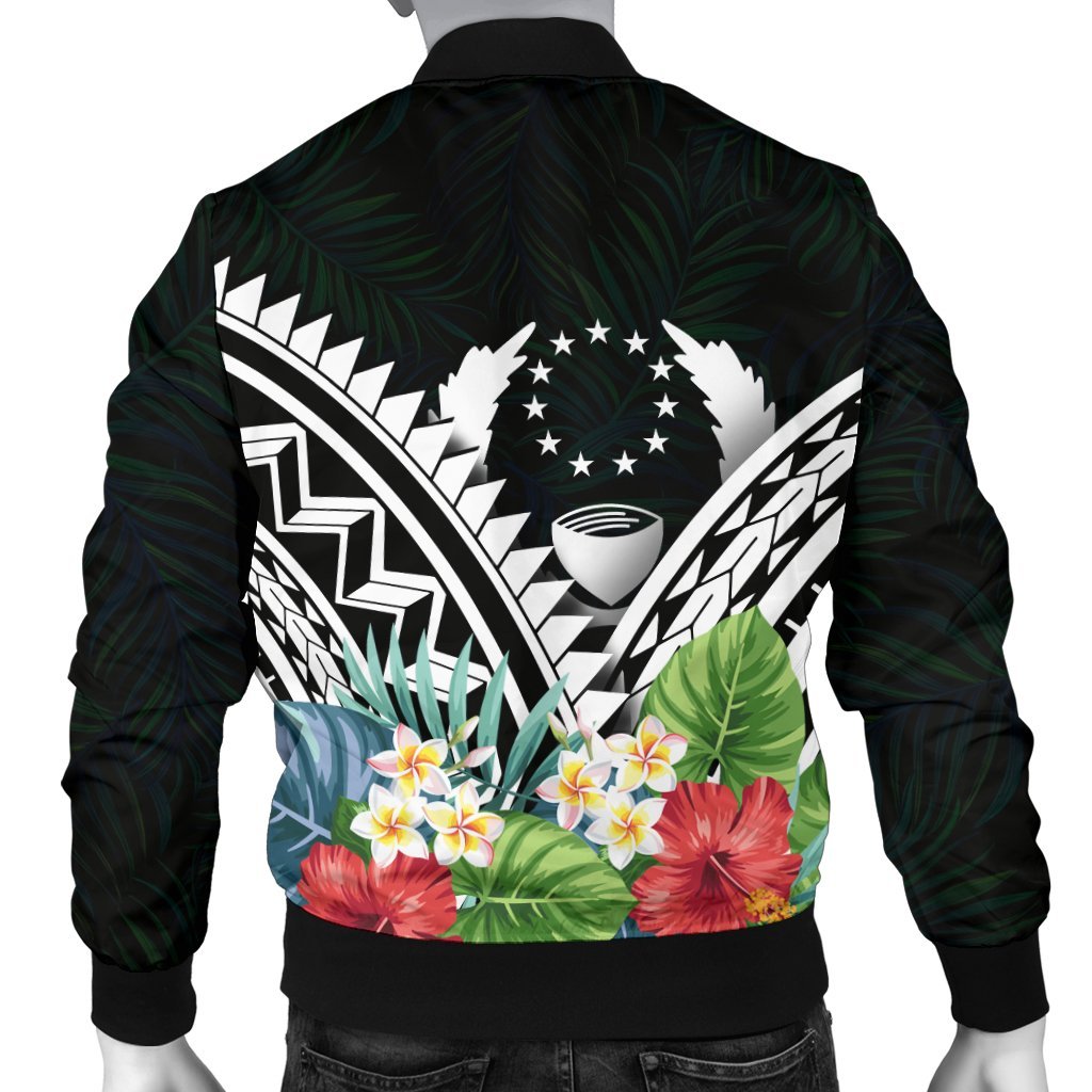 Pohnpei Men's Bomber Jacket - Pohnpei Caledonia Coat of Arms & Polynesian Tropical Flowers White - Polynesian Pride