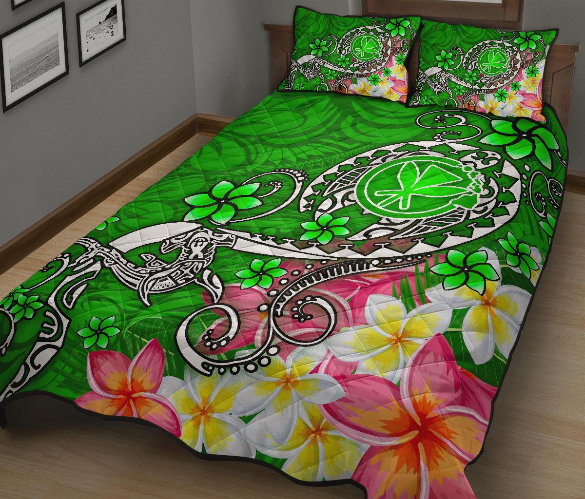 Hawaii Quilt Bed Set - Turtle Plumeria Polynesian Tattoo Green Color - Polynesian Pride