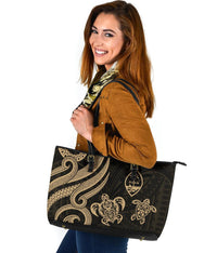 Guam Polynesian Large Leather Tote Bag - Gold Tentacle Turtle - Polynesian Pride