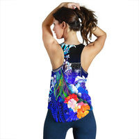 Fiji Women's Racerback Tank - Humpback Whale with Tropical Flowers (Blue) - Polynesian Pride