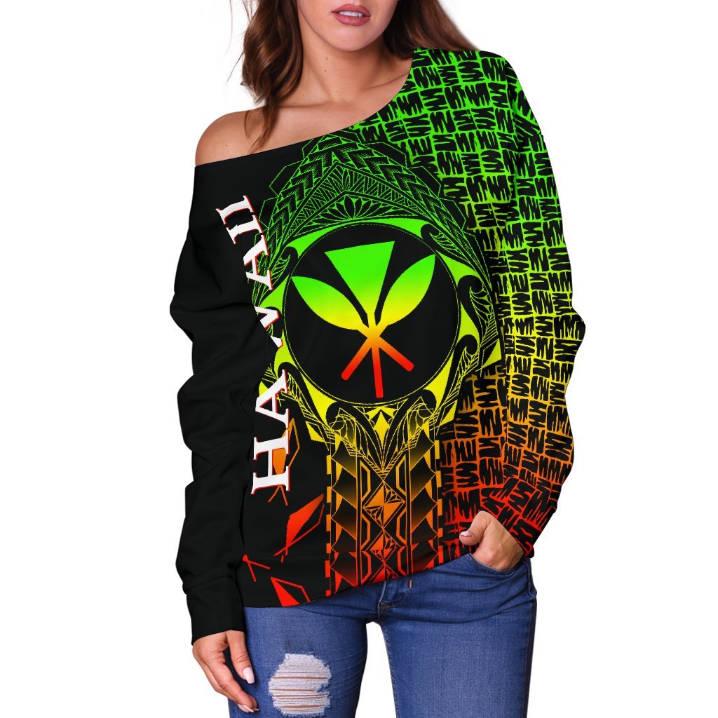 Hawaii Women's Off Shoulder Sweater - Kanaka Maoli Rocket Style (Reggae) - Polynesian Pride