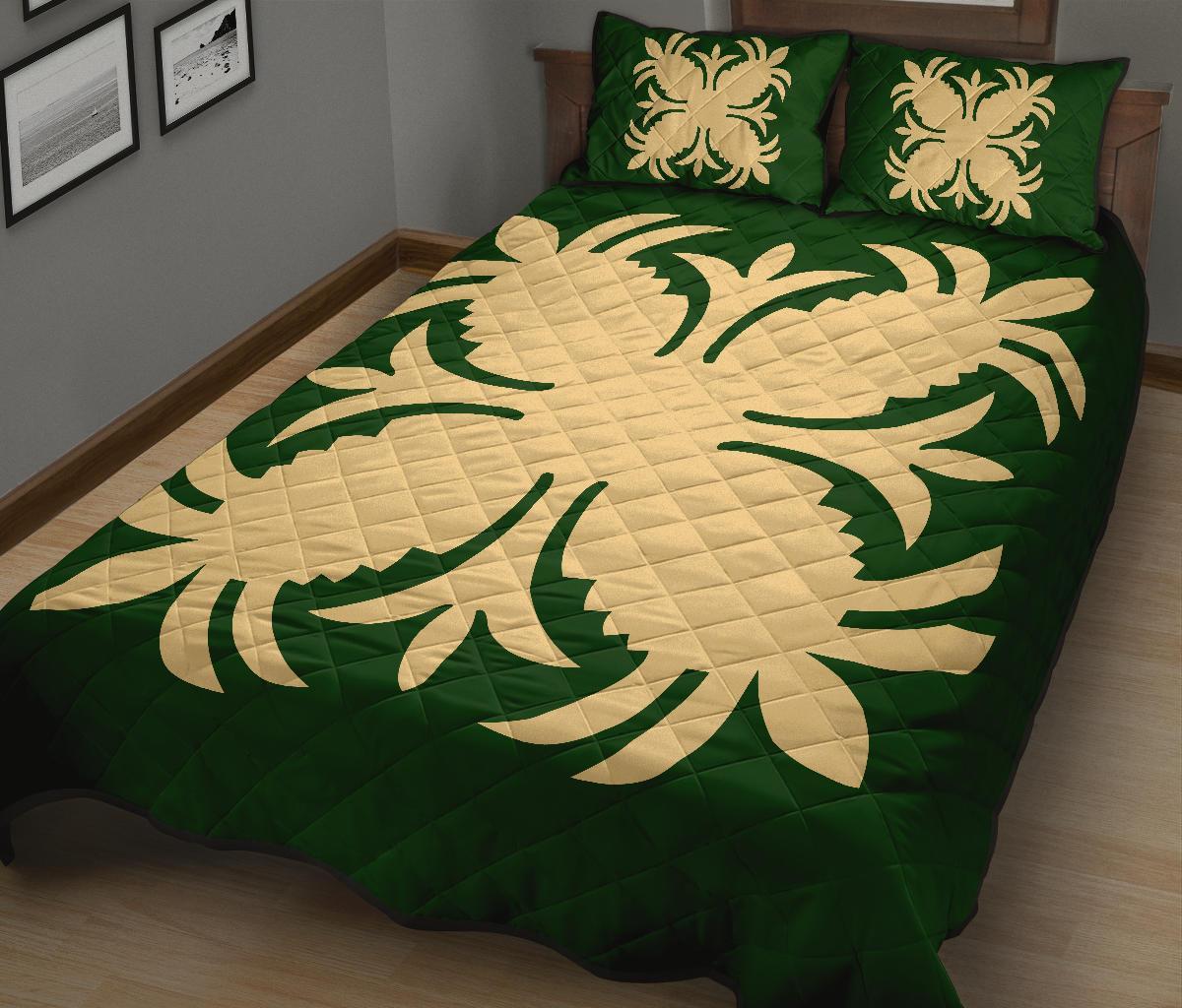 Hawaiian Quilt Bed Set Royal Pattern - Green - A2 Style - Polynesian Pride
