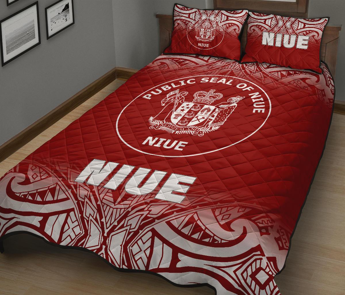 Niue Quilt Bed Set - Niue Coat Of Arms Polynesian Tattoo Fog Red Style - Polynesian Pride