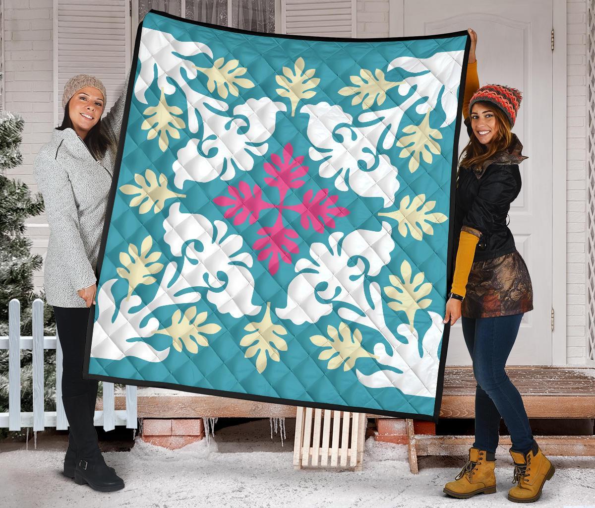 Hawaiian Leaves Tropical Pattern Premium Quilt - Pastel And White - Argu Style - AH - Polynesian Pride