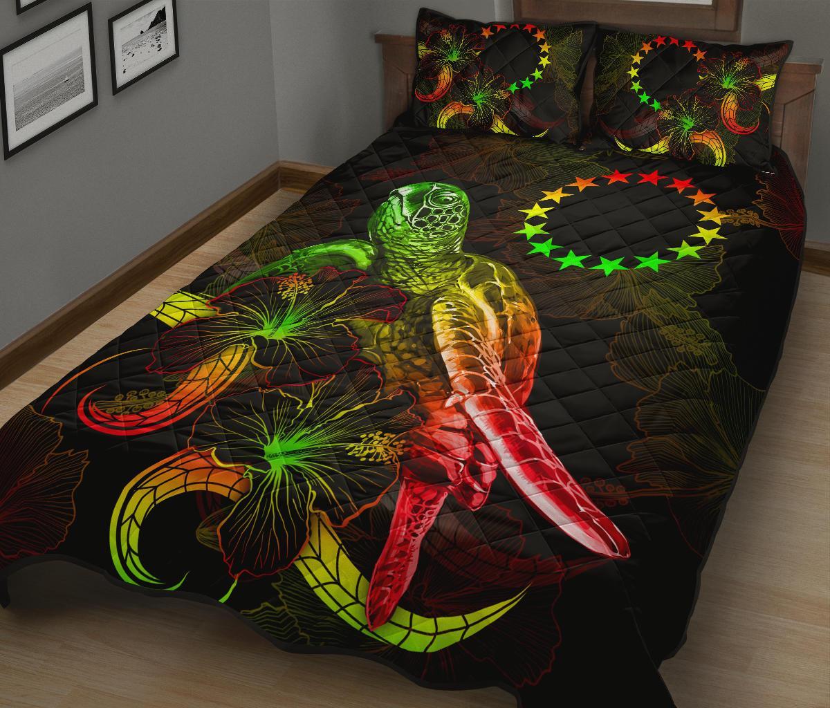 Cook Islands of Micronesia Polynesian Quilt Bed Set - Turtle With Blooming Hibiscus Reggae - Polynesian Pride