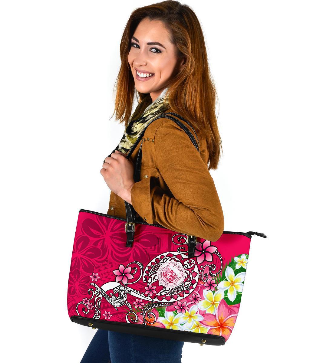 Hawaii Polynesian Large Leather Tote Bag - Hawaii Seal With Turtle Plumeria (Pink) - Polynesian Pride