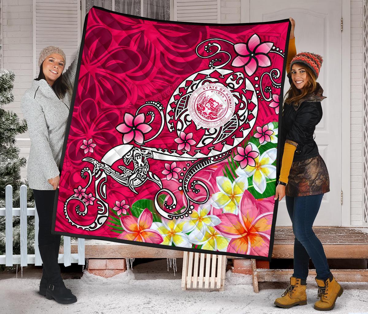 Hawaii Polynesian Premium Quilt - Hawaii Seal With Turtle Plumeria (Pink) - Polynesian Pride
