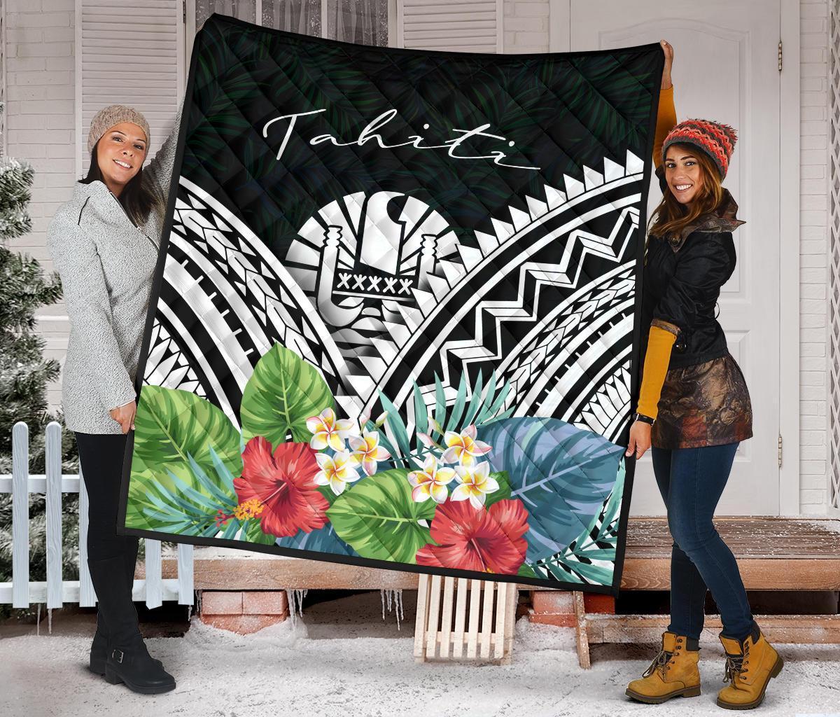 Tahiti Premium Quilt - Tahiti Coat of Arms & Polynesian Tropical Flowers White - Polynesian Pride