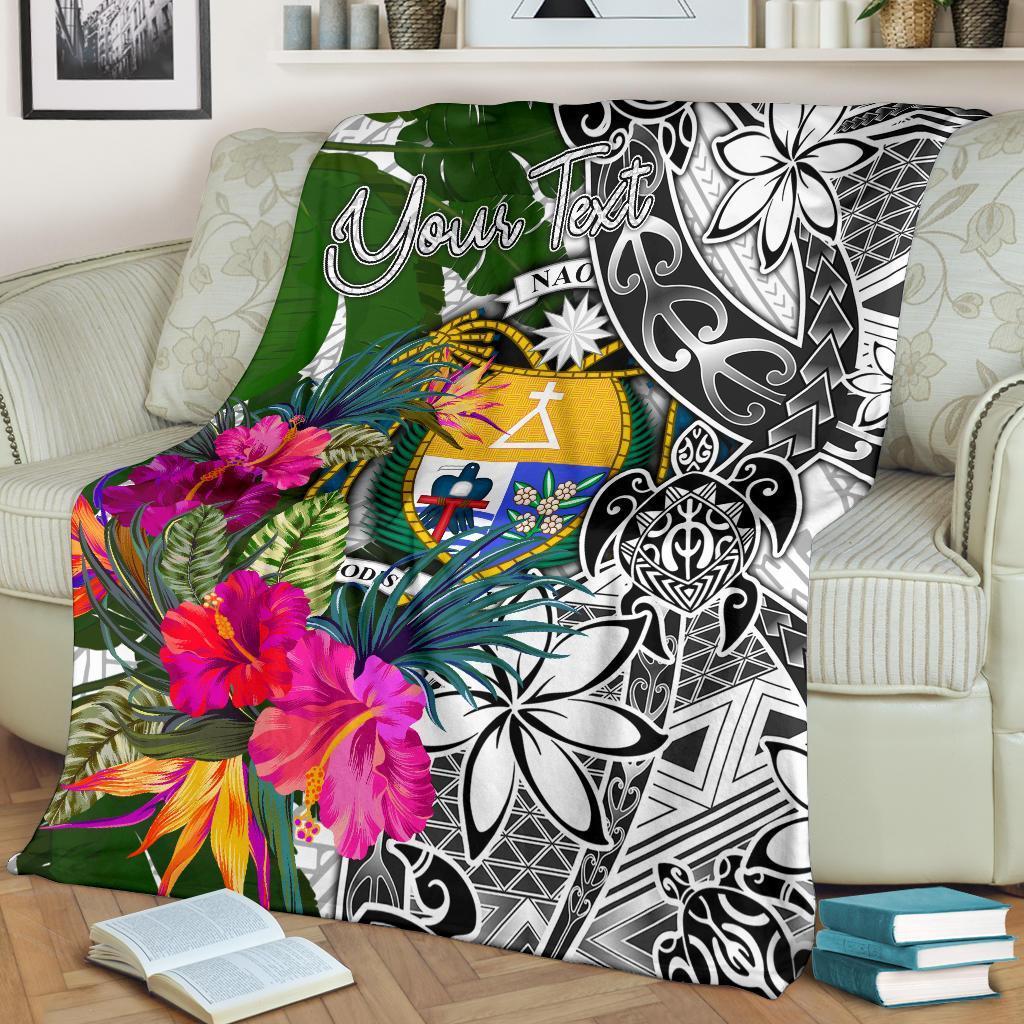 Nauru Custom Personalised Premium Blanket White - Turtle Plumeria Banana Leaf Crest - Polynesian Pride