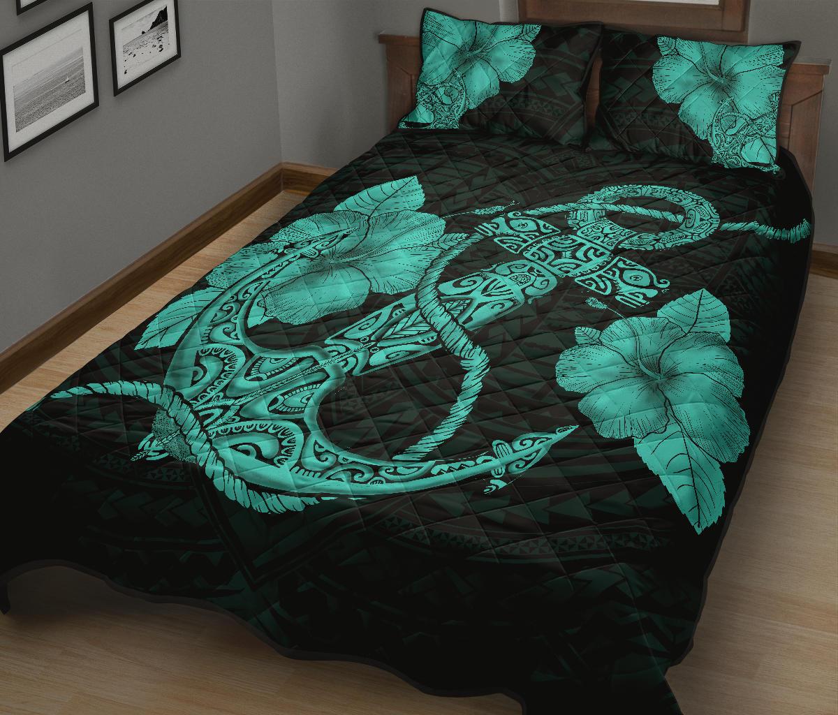 Anchor Poly Tribal Quilt Bed Set Turquoise - Polynesian Pride