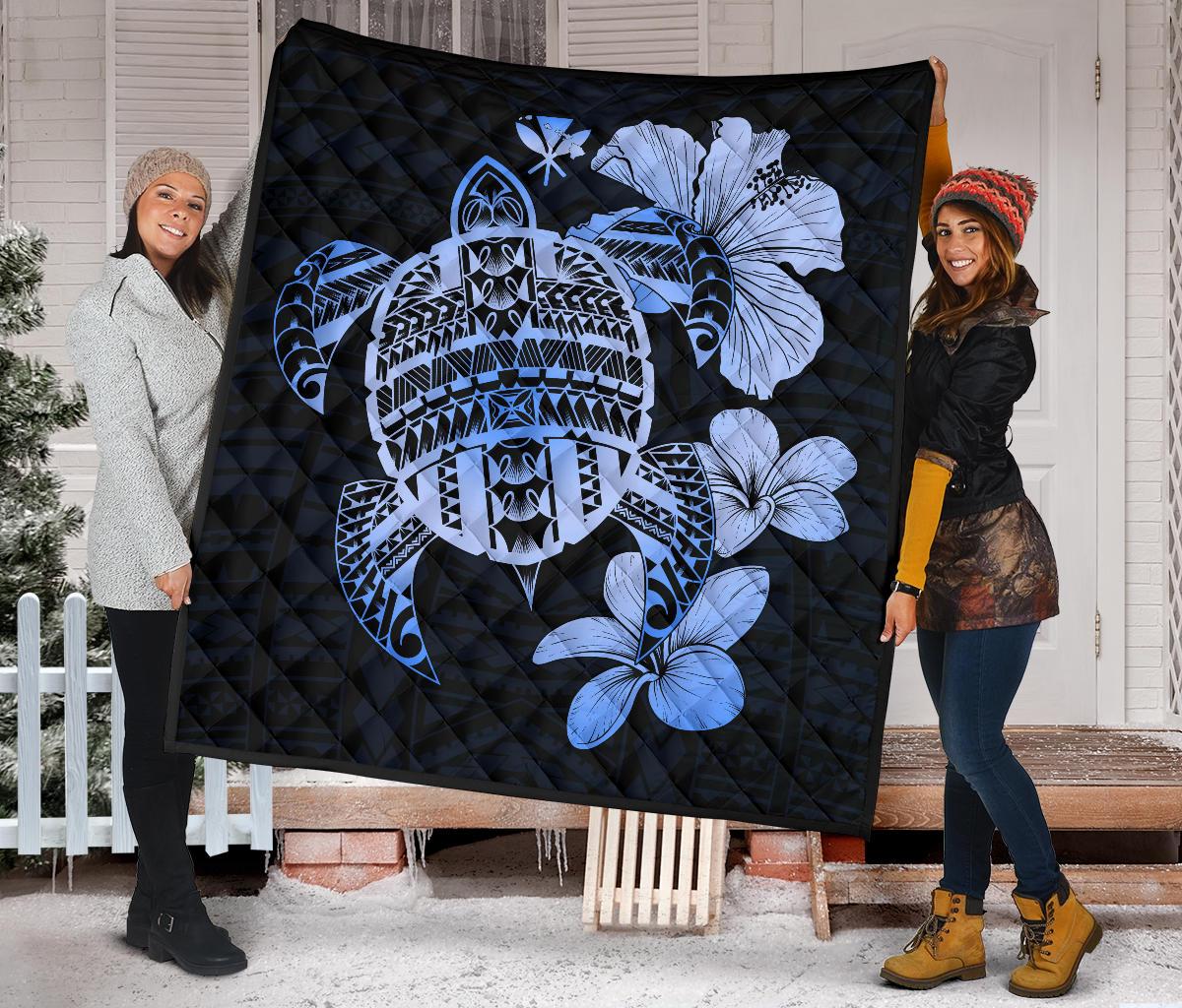 Hawaiian Kanaka Hibiscus Plumeria Mix Polynesian Turtle Premium Quilt Blue AH - Polynesian Pride