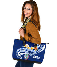 Guam Large Leather Tote Bag - Guam Seal Polynesian Patterns Plumeria (Blue) - Polynesian Pride