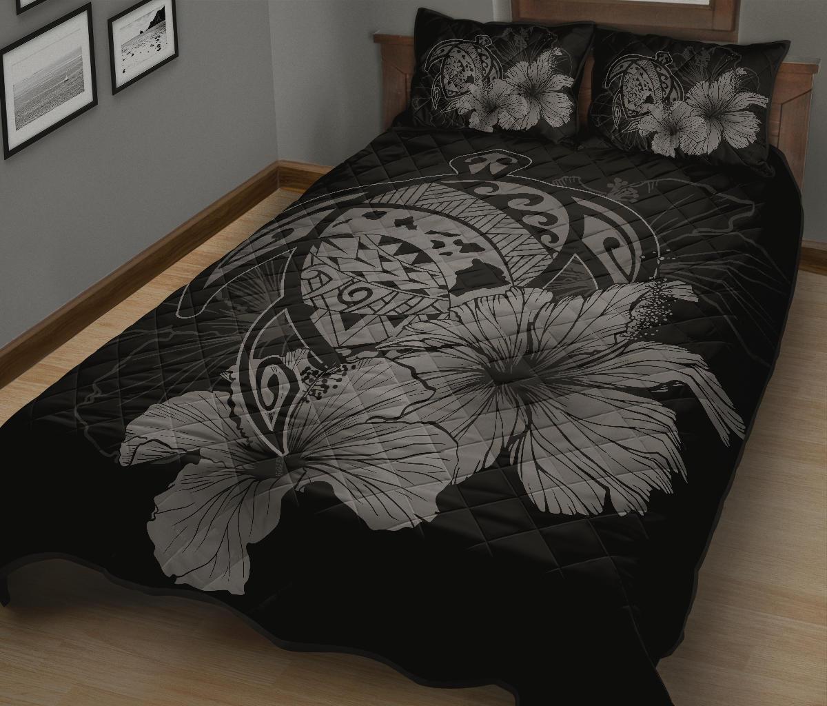 Hawaiian Map Turtle Hibiscus Polynesian Quilt Bedding Set - Gray - Polynesian Pride