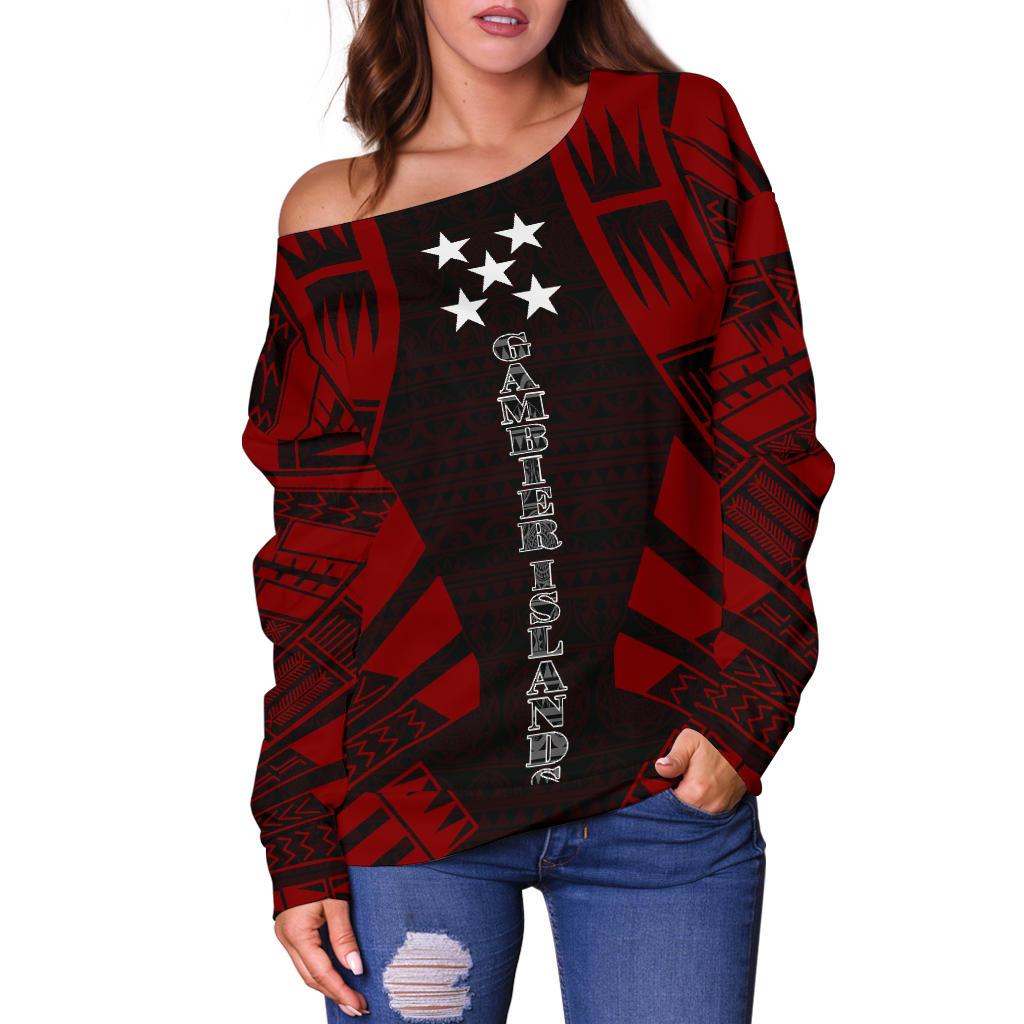 Gambier Islands Women's Off Shoulder Sweater - Polynesian Tattoo Red - Polynesian Pride