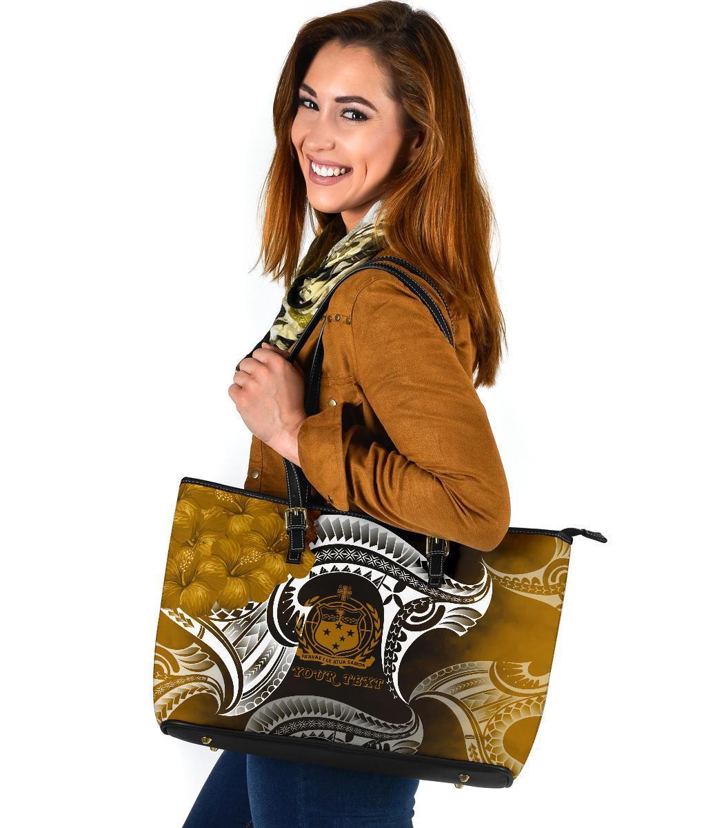 Samoa Custom Personalised Large Leather Tote Bag - Samoa Seal Wave Style (Gold) - Polynesian Pride