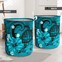 Hibiscus Plumeria Polynesian Turtle Hawaii Laundry Basket Turquoise AH - Polynesian Pride