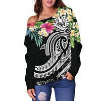 Tahiti Polynesian Women's Off Shoulder Sweater - Summer Plumeria (Black) - Polynesian Pride