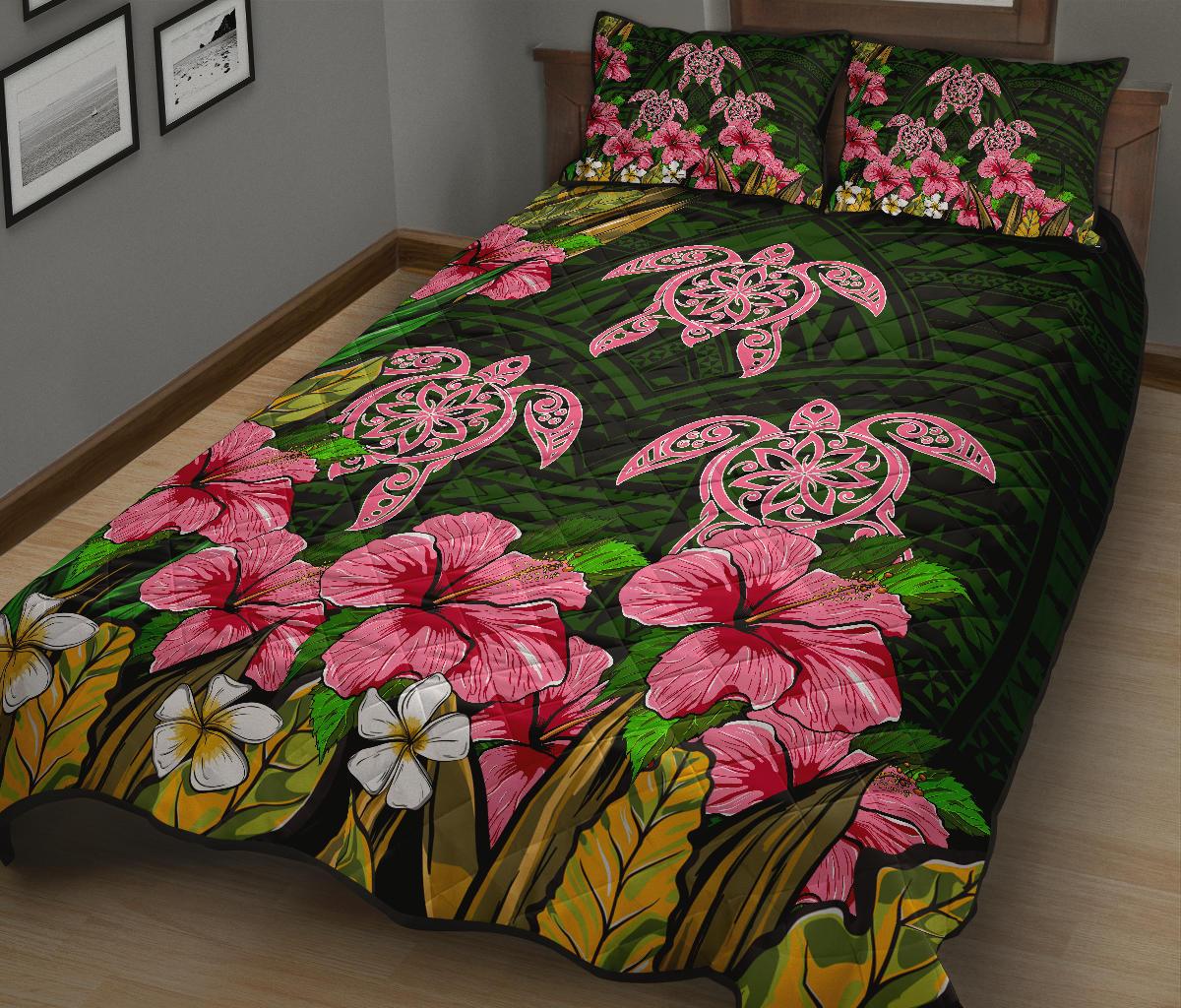 Hawaii Turtle Hibiscus Tropical Polynesian Quilt Bed Set - Floren Style - AH - Polynesian Pride
