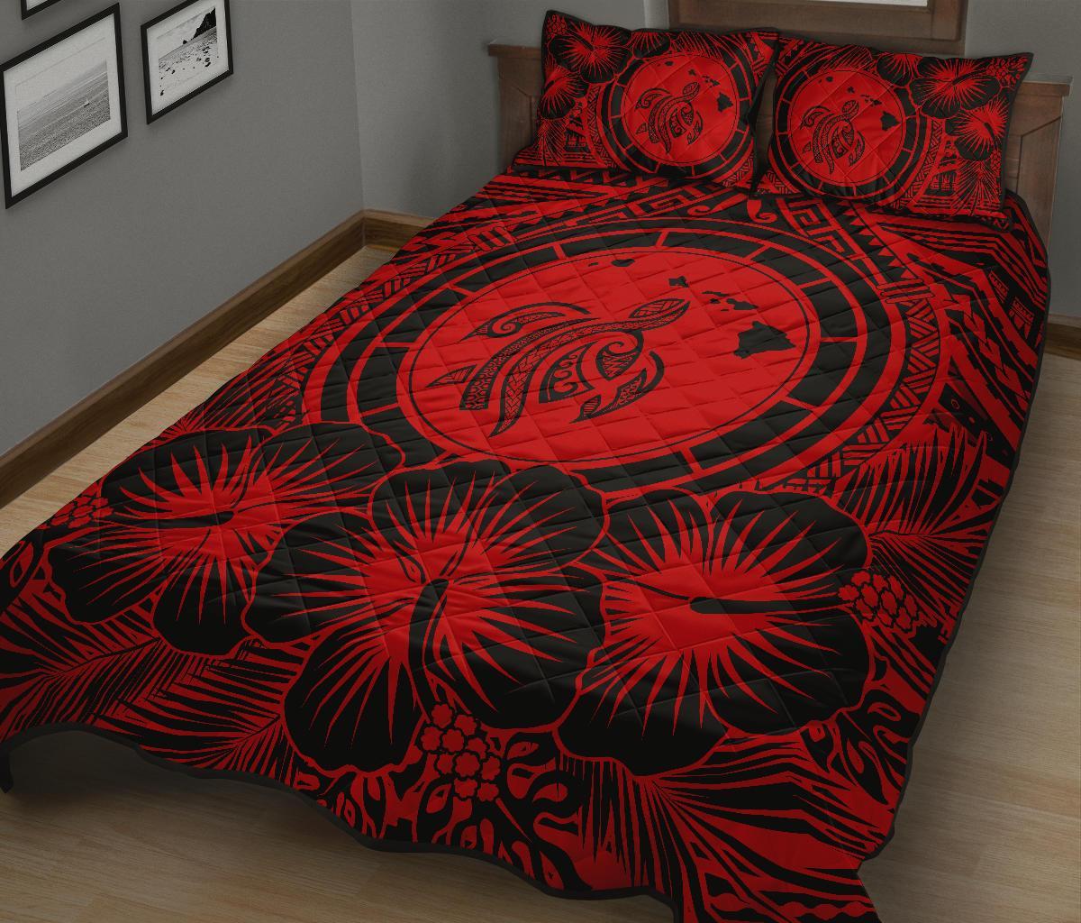 Hawaiian Map Honu Hibiscus Red Polynesian Quilt Bed Set - Polynesian Pride