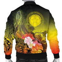 CNMI Men's Bomber Jacket - Humpback Whale with Tropical Flowers (Yellow) - Polynesian Pride